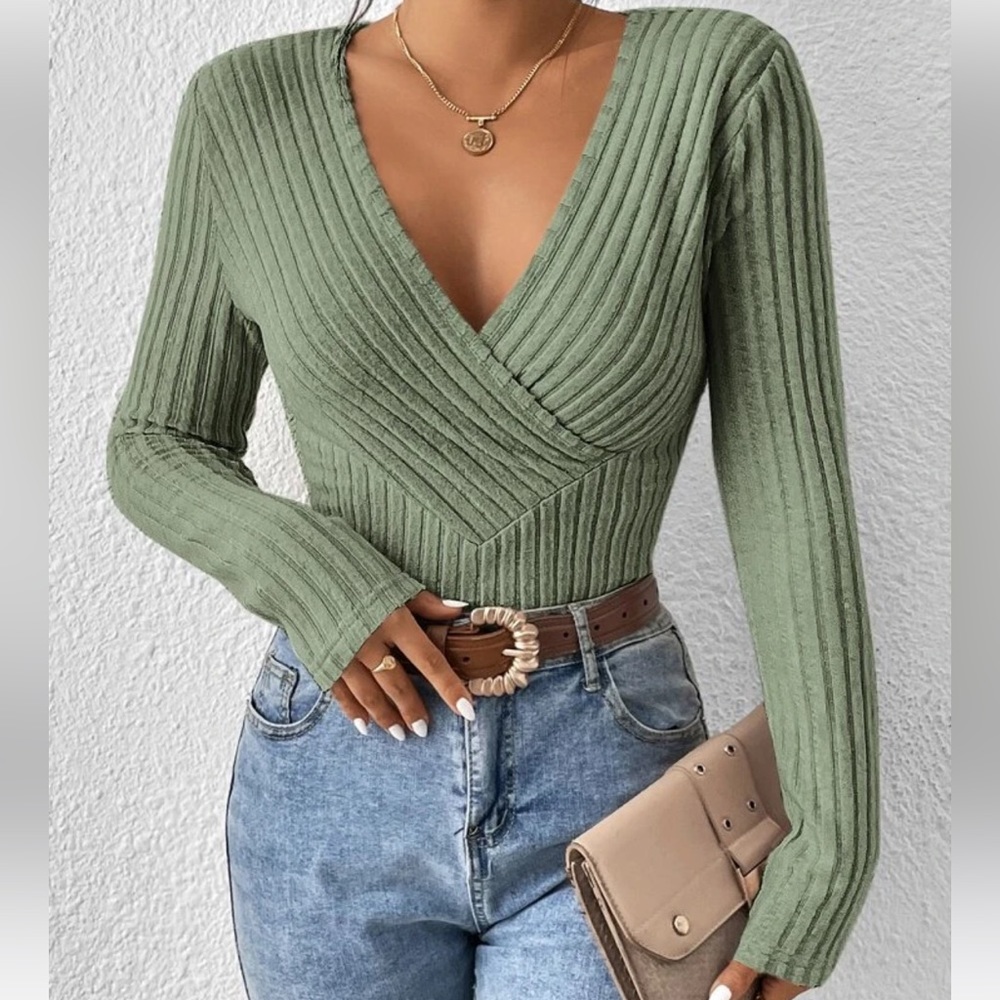 Frenchy Surplice Neck Ribbed Knit Tee